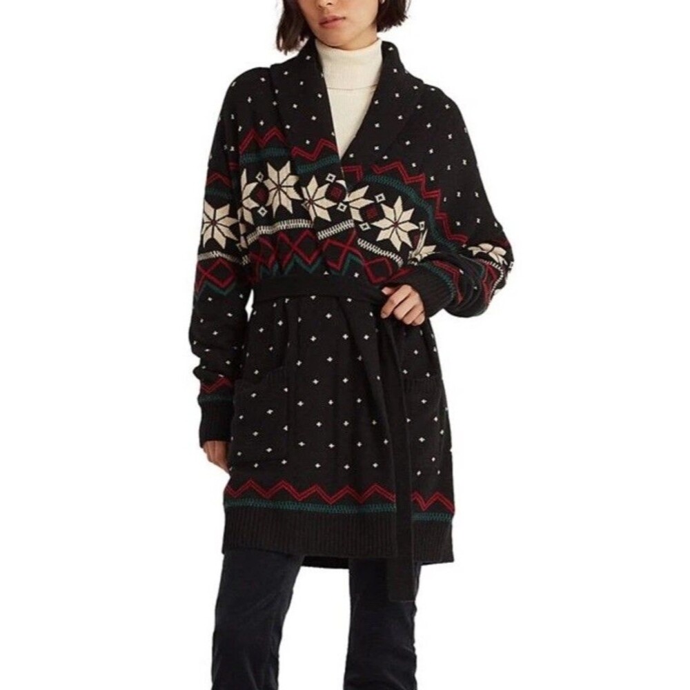 Lauren Ralph Lauren Fair Isle Belted Cardigan Shawl‎ Collar Wool Sweater Size XL